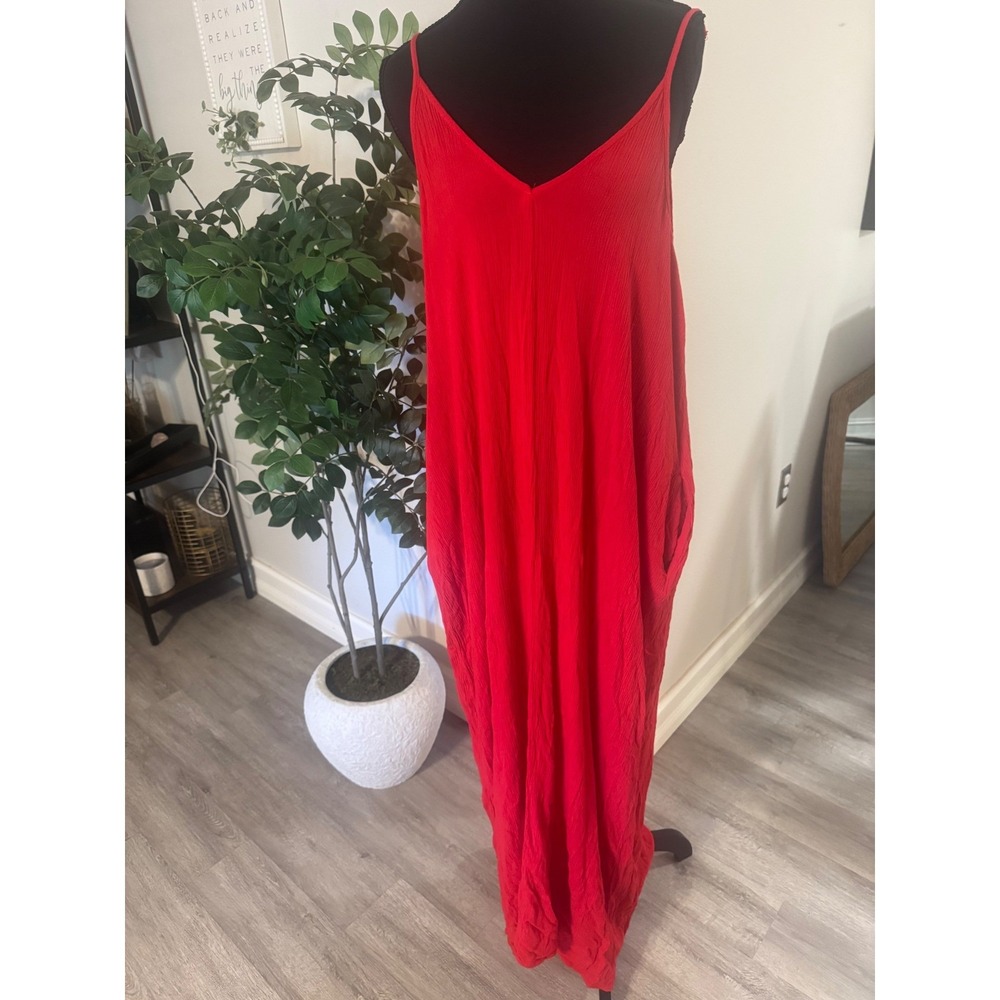 Lovestitch Red Gauze Maxi Dress Womens M/L Sleeveless Oversized Pocket V-Neck - Picture 2 of 5